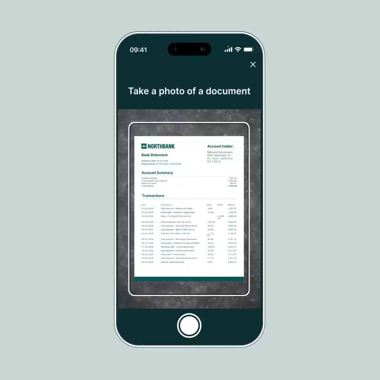 A phone captures a bank statement; Veriff classifies it as a bank statement, extracts the full name, address, document type and issue date, and approves it