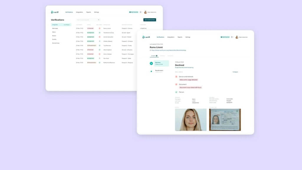 Screenshots of Veriff's Verification dashboard.