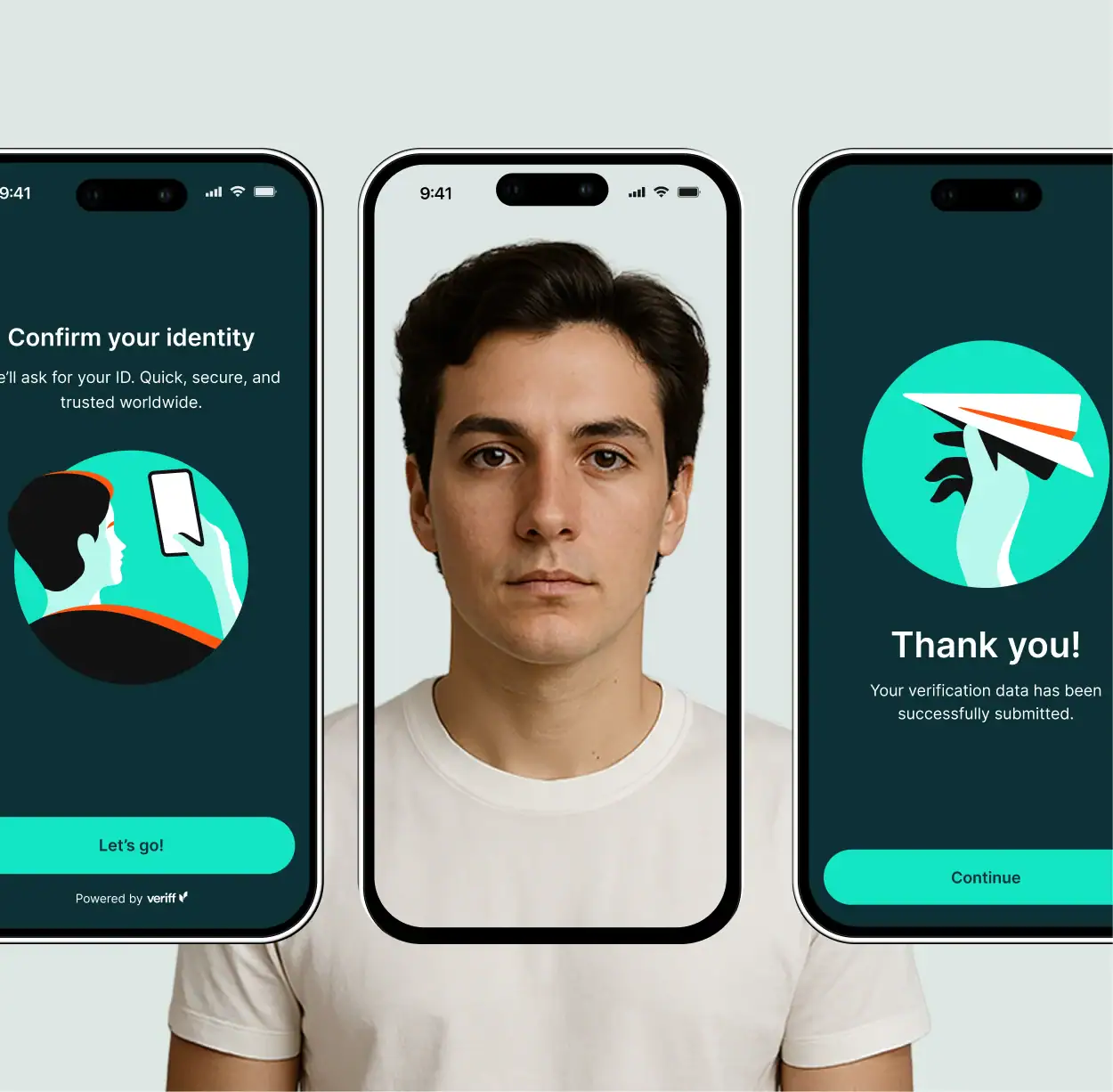 Three iPhones showing a Veriff identity verification flow: a setup screen, a selfie capture of a young man, and a 'Thank you' confirmation screen.