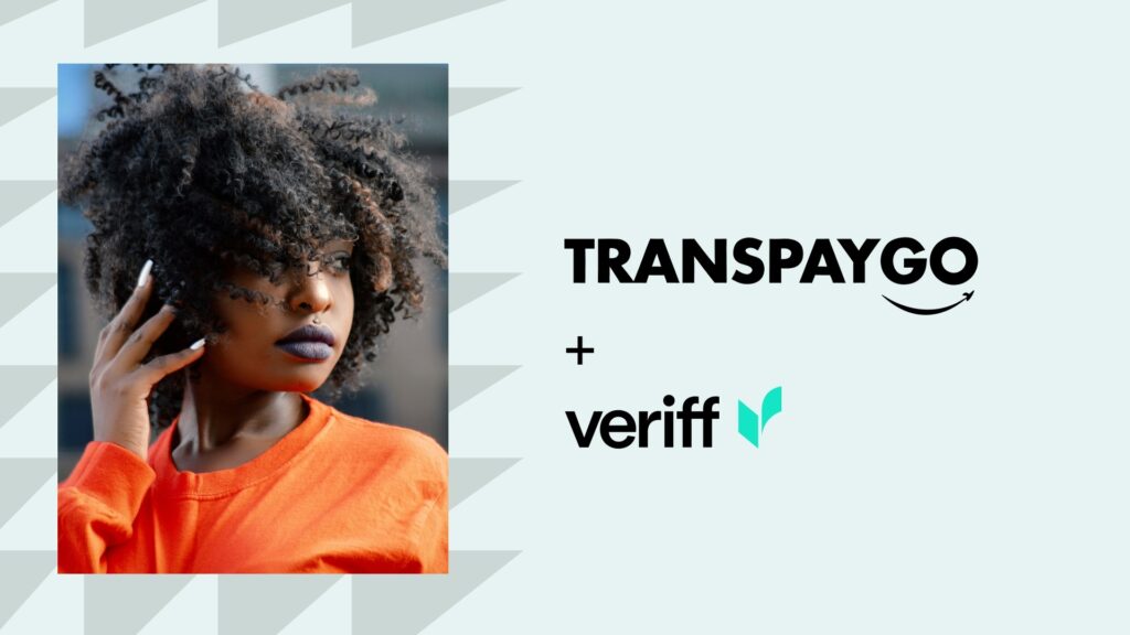 TransPayGo and Veriff partnership announcement graphic with a portrait of a young woman in an orange sweatshirt