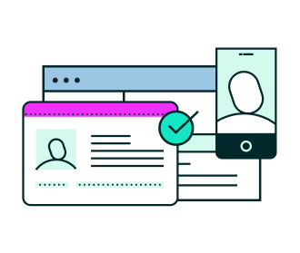 Digital identity verification: browser, user profile, smartphone, and checkmark.