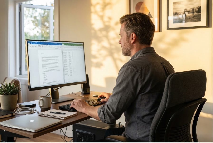 A man focused on dual computer screens with documents and spreadsheets at his home office desk.