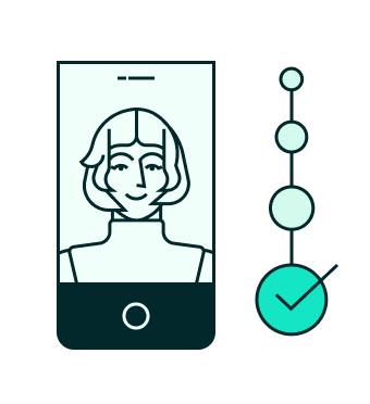 Smartphone showing a face, beside a completed progress bar with a checkmark.