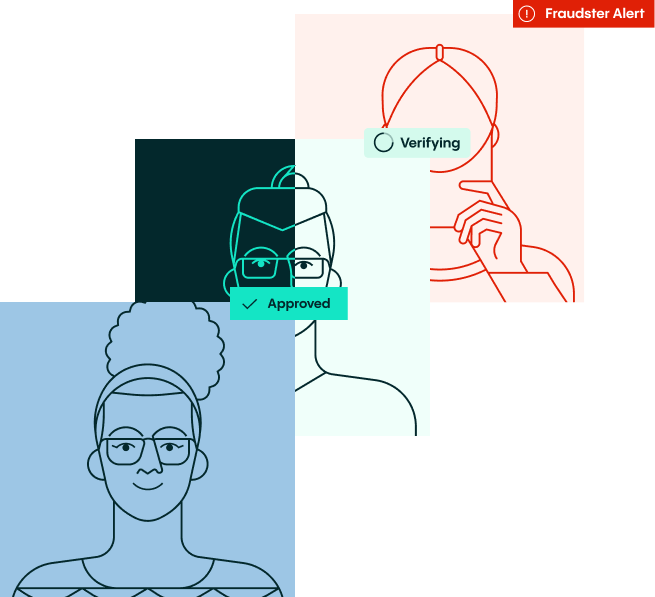 Identity verification illustration: three faces with "Verifying", "Approved", and "Fraudster Alert."